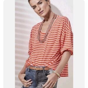 CAbi #5984 Poolside Orange Striped Blouse Puff Sleeves Oversized. Size S
